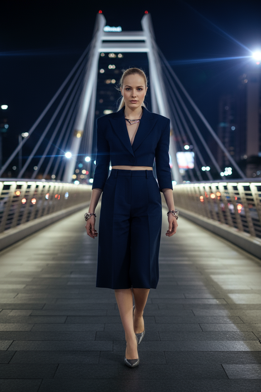 Dynamic editorial photograph of a confident model walking on a pedestrian bridge in a metropolis, wearing a structured blazer and vibrant shorts.