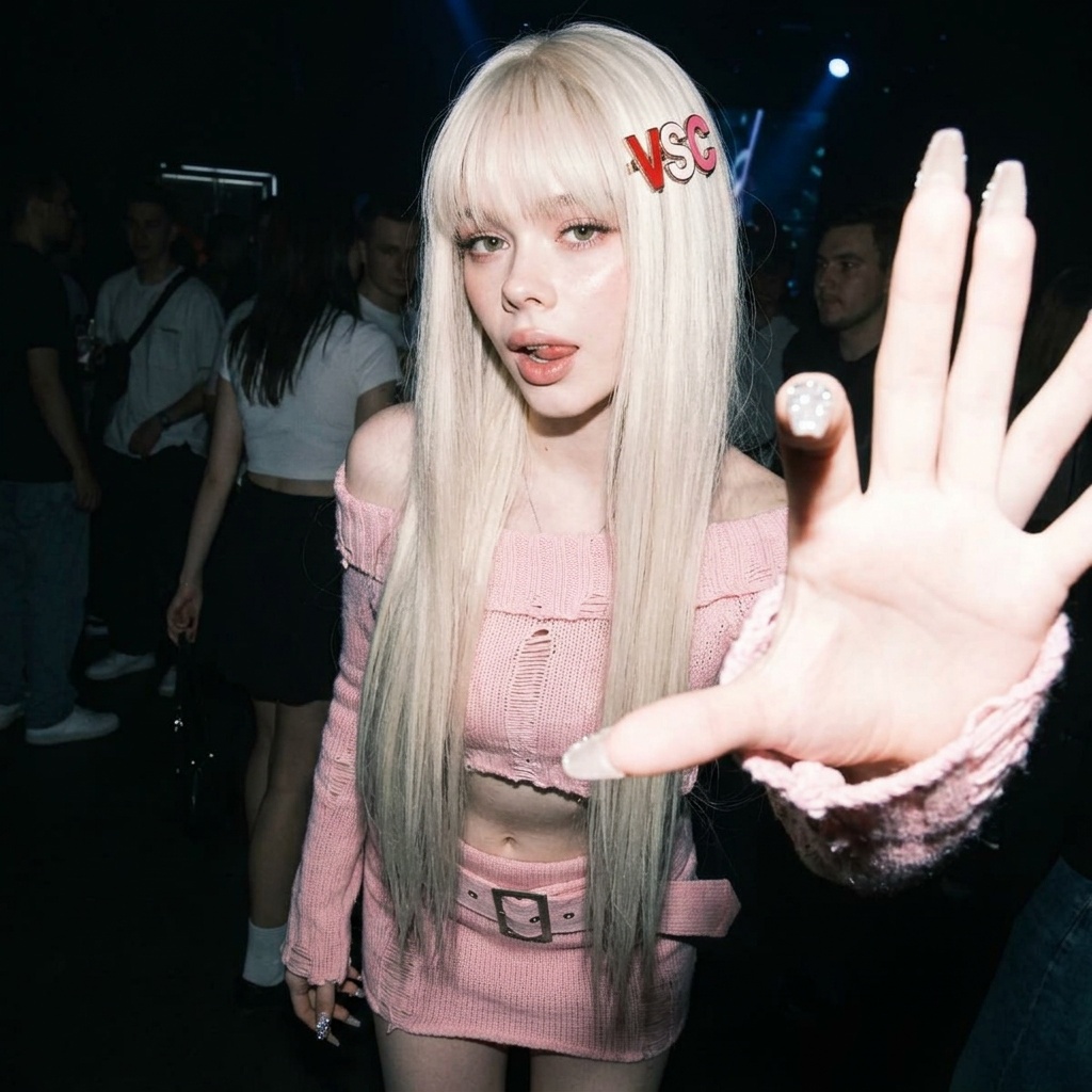 Platinum Hair Vsc Clip Pink Outfit Low Angle Flash