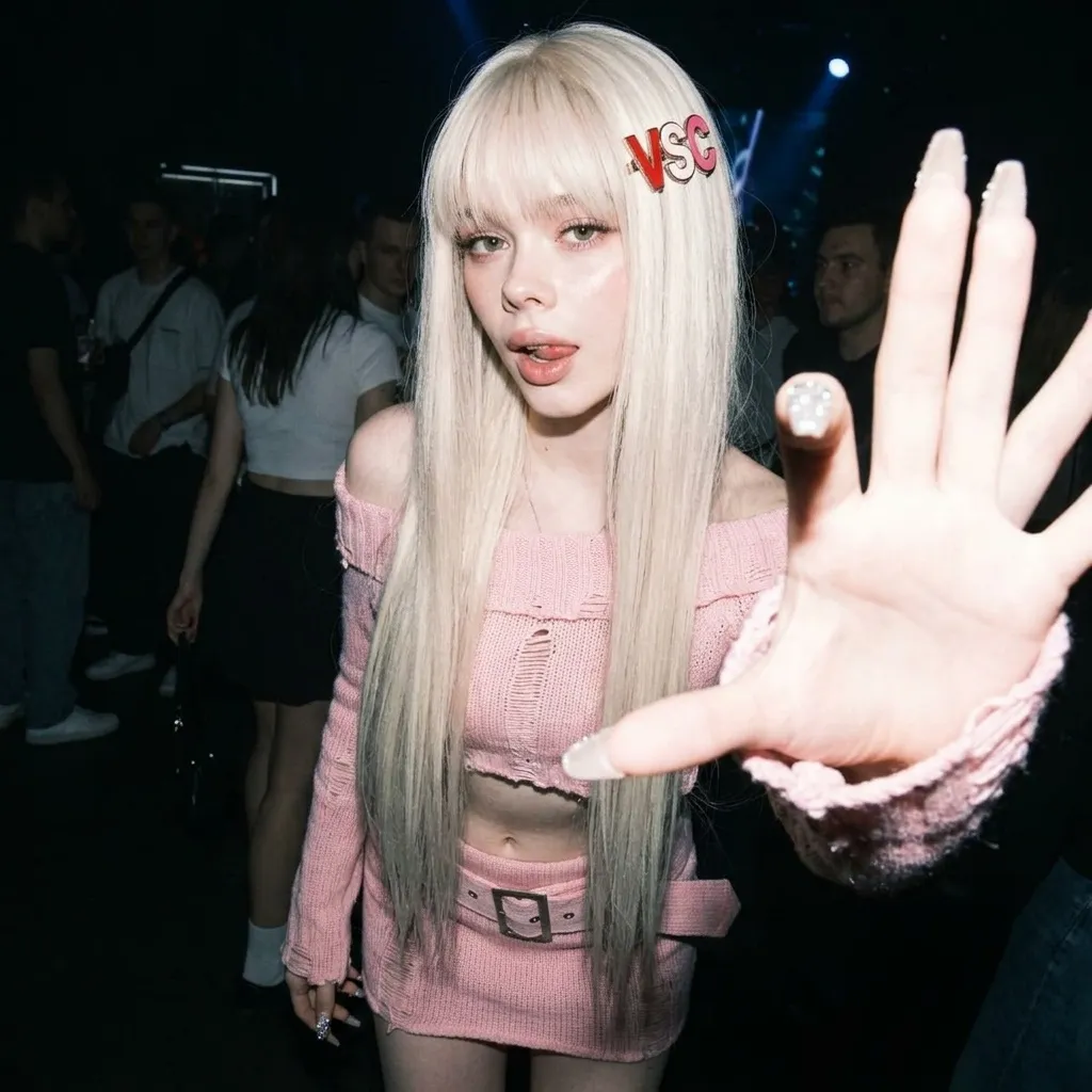 Platinum Hair Vsc Clip Pink Outfit Low Angle Flash