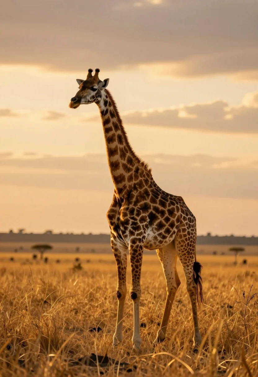 Majestic Giraffe Stands Tall Golden Savanna Landscape Under Warm Sunset
