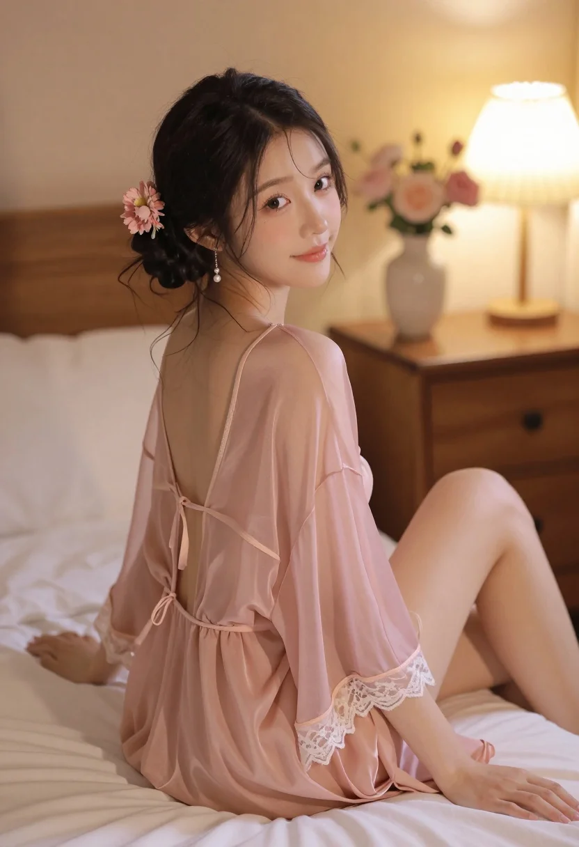 Young Woman With Dark Hair Styled Updo Adorned With Pink