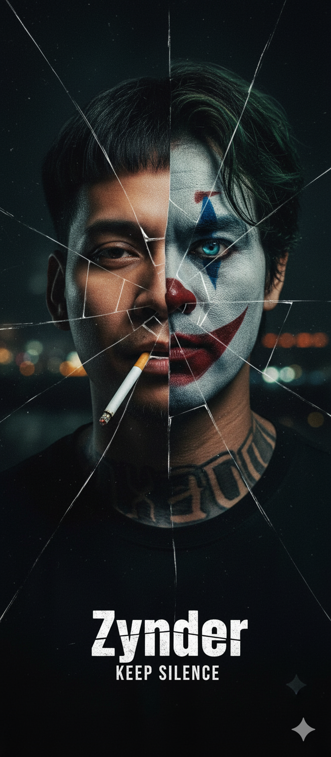 A dark portrait of a man with cracked glass overlay, embodying a split personality; one side normal, the other clown-like with red smile and glowing eye.