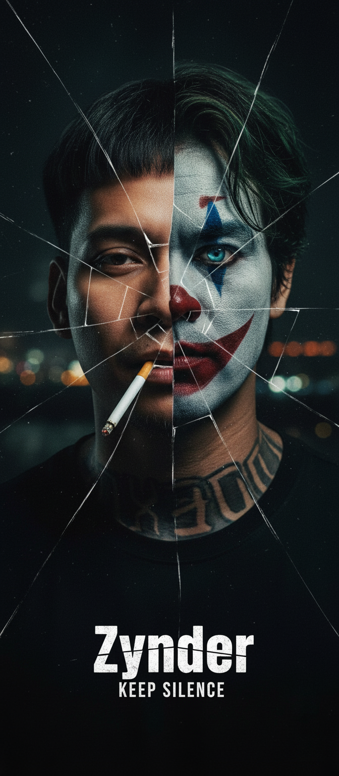 A dark portrait of a man with cracked glass overlay, embodying a split personality; one side normal, the other clown-like with red smile and glowing eye.