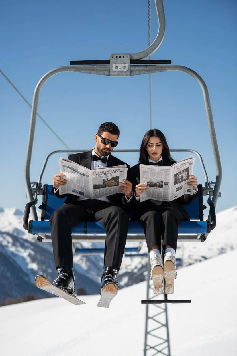 A couple in formal black suits sitting on a ski lift, reading newspapers, against a snowy mountains backdrop.