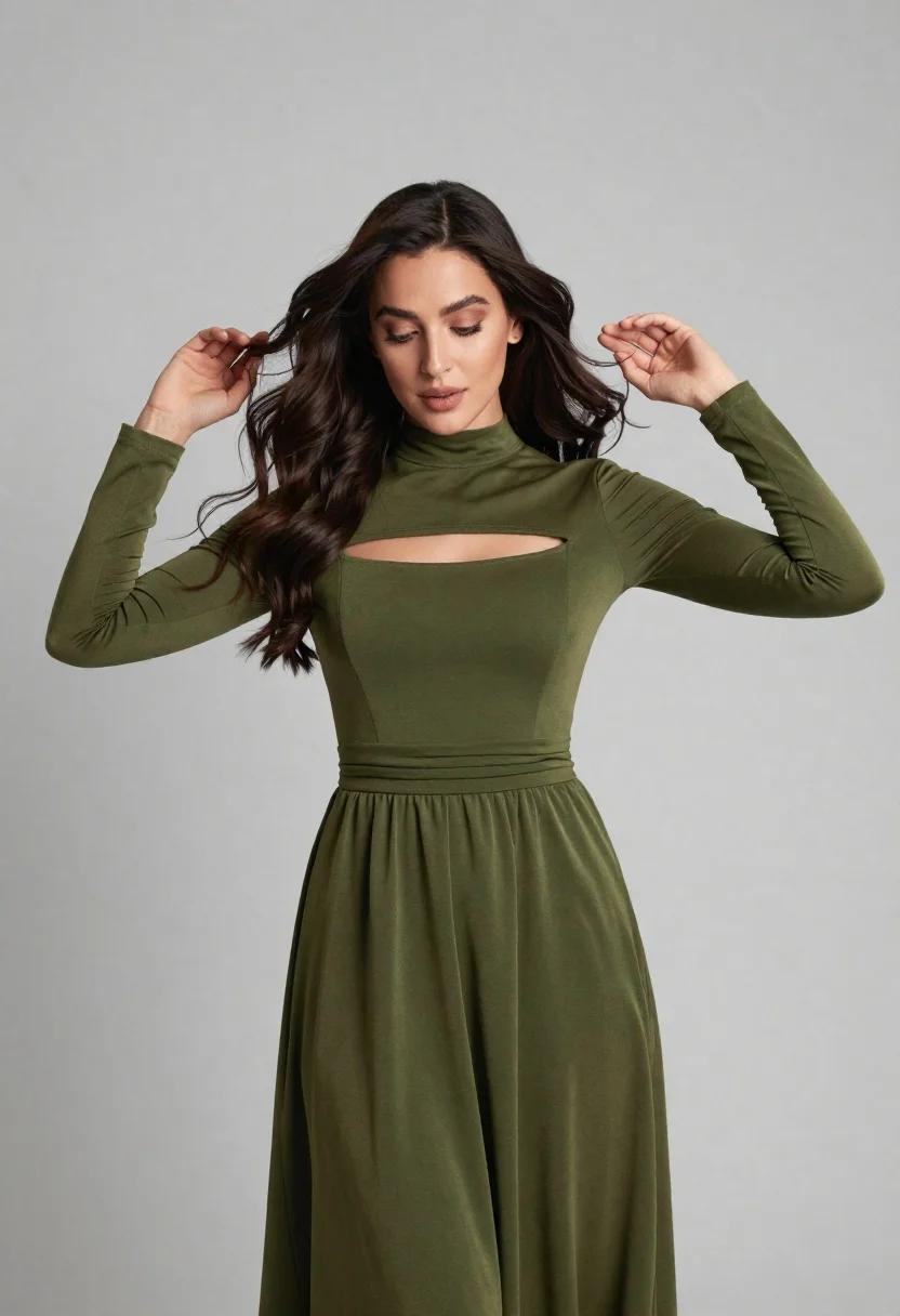 Woman With Long Dark Hair Wearing Green Dress Poses Against reference photo