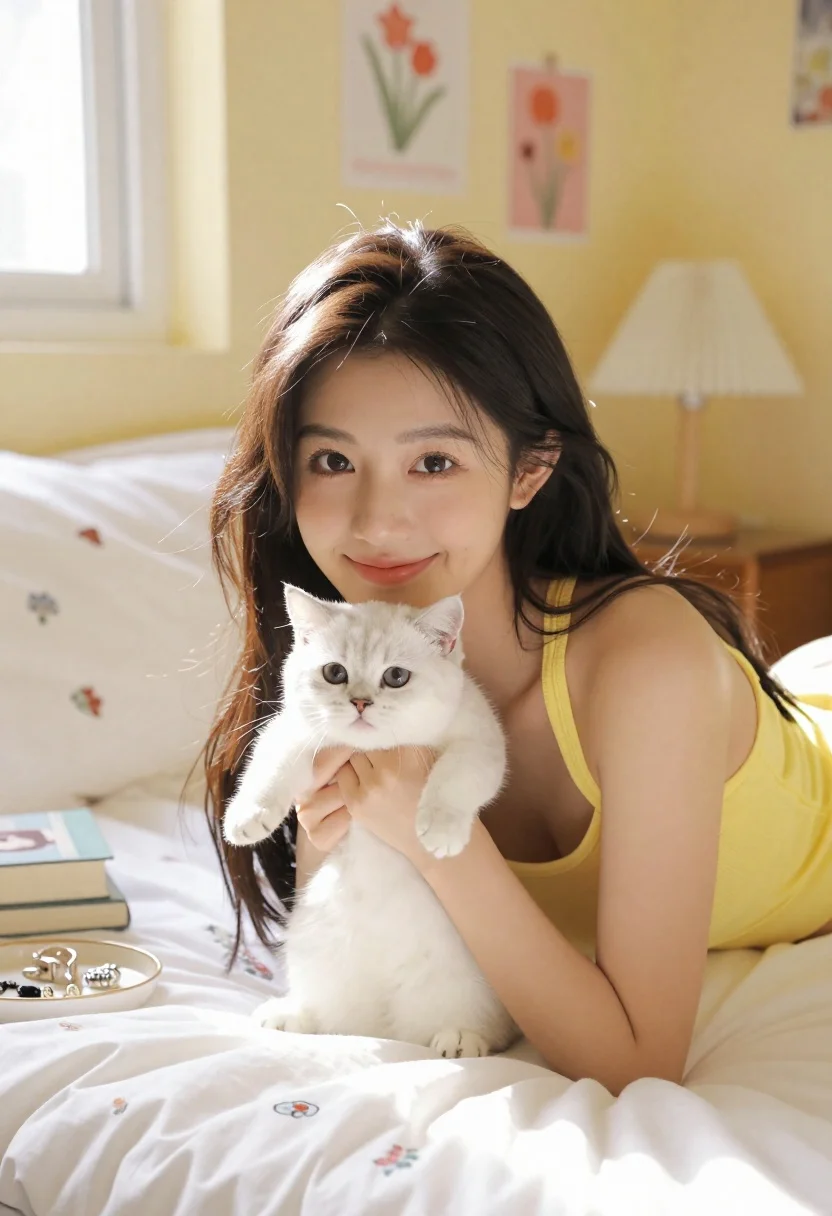 A young woman with long dark hair smiles gently while lying on a white bed, cradling a small white kitten.