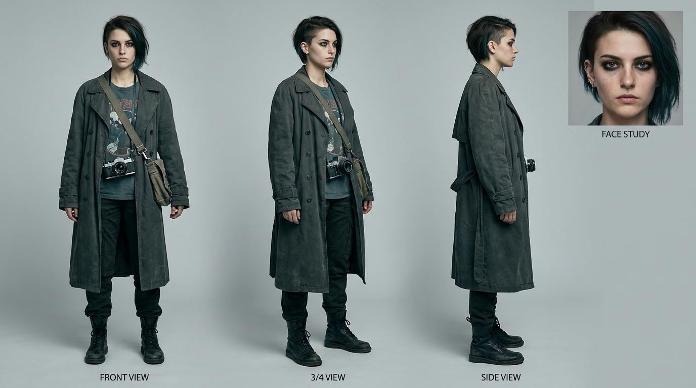 Character Reference Sheet Asymmetrical Undercut Teal Highlights Trench Coat Combat