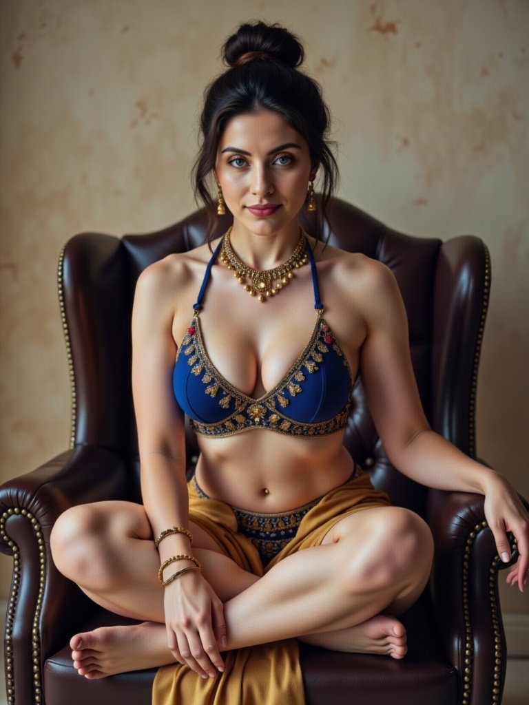 Portrait of Maya Sikand in royal blue bra and gold jewelry, sitting in a dark leather armchair with a confident expression.