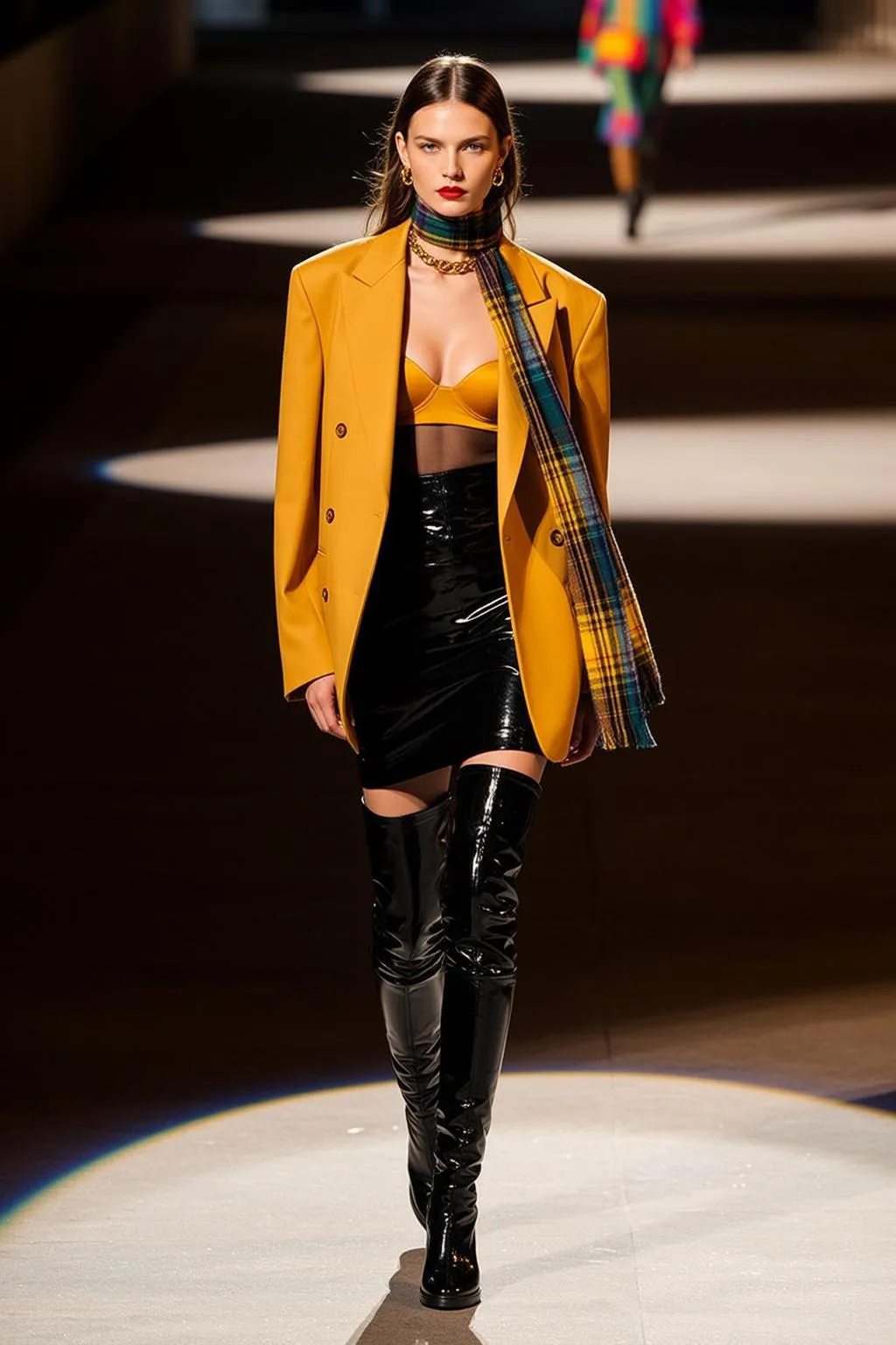 Model Walking Runway Yellow Blazer Black Boots