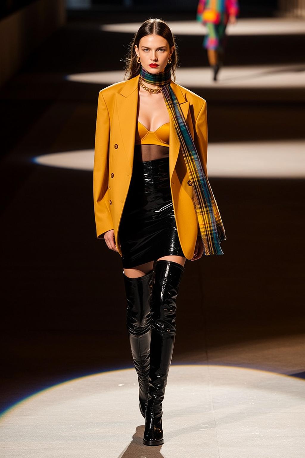 Model Walking Runway Yellow Blazer Black Boots