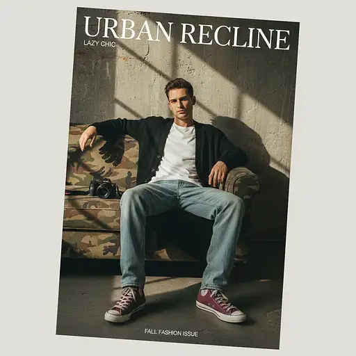 Photography Magazine Cover Tilt Shot Male Model Lounging Worn Camouflage