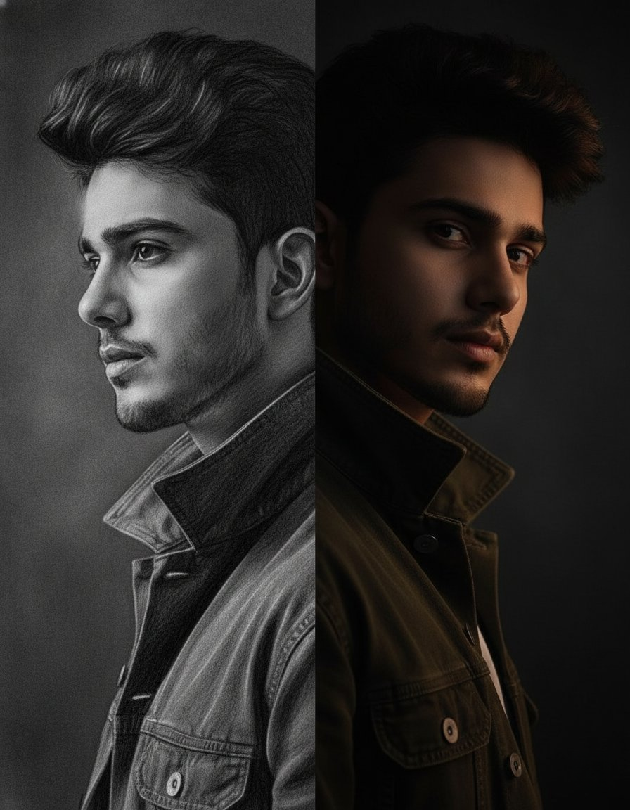 A dual portrait featuring a charcoal sketch style face and a cinematic realistic face, both exuding elegance and mystery.