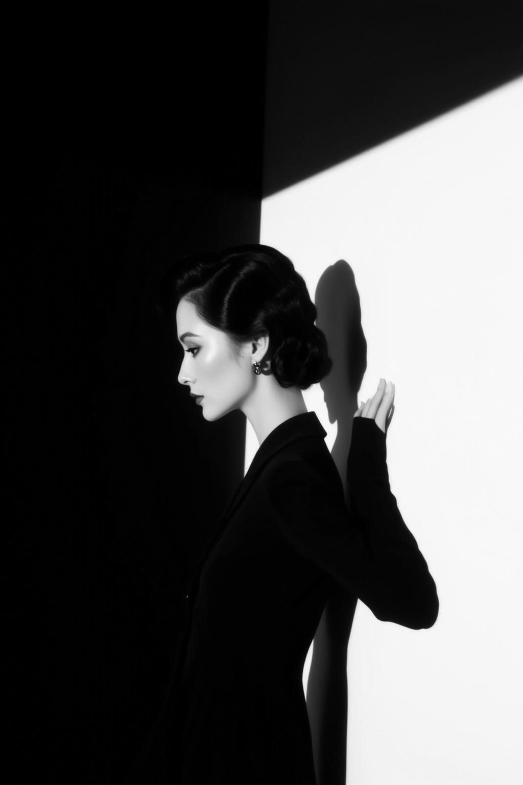 Black And White Portrait Young Woman Profile Facing Left With