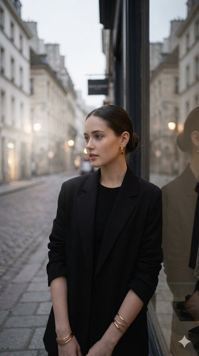 An elegant woman with a sleek bun in a structured oversized black blazer, standing on a quiet European street under soft ambient lighting.