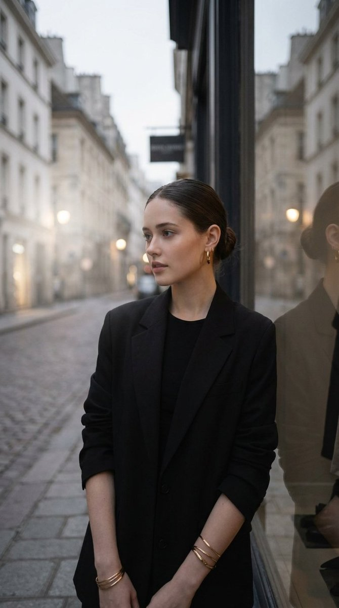 An elegant woman with a sleek bun in a structured oversized black blazer, standing on a quiet European street under soft ambient lighting.