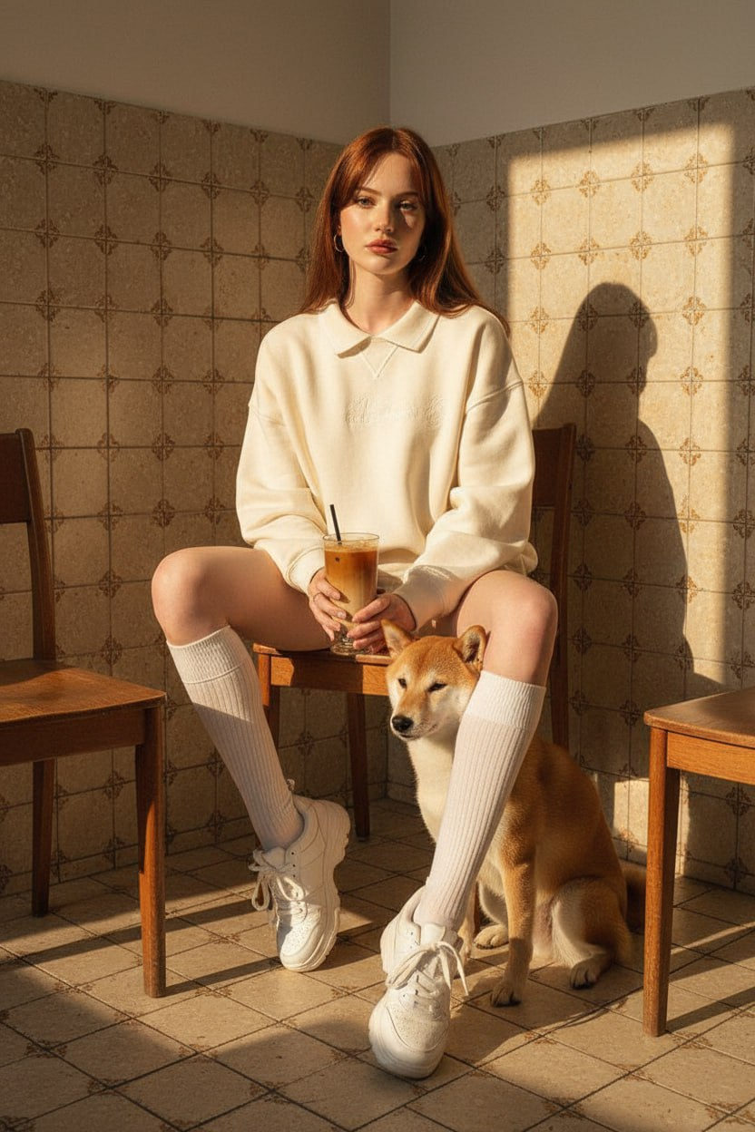 A hyper-realistic fashion portrait of a person holding iced coffee in a sunlit cafe, next to a Shiba Inu, wearing a cream sweatshirt and high socks.