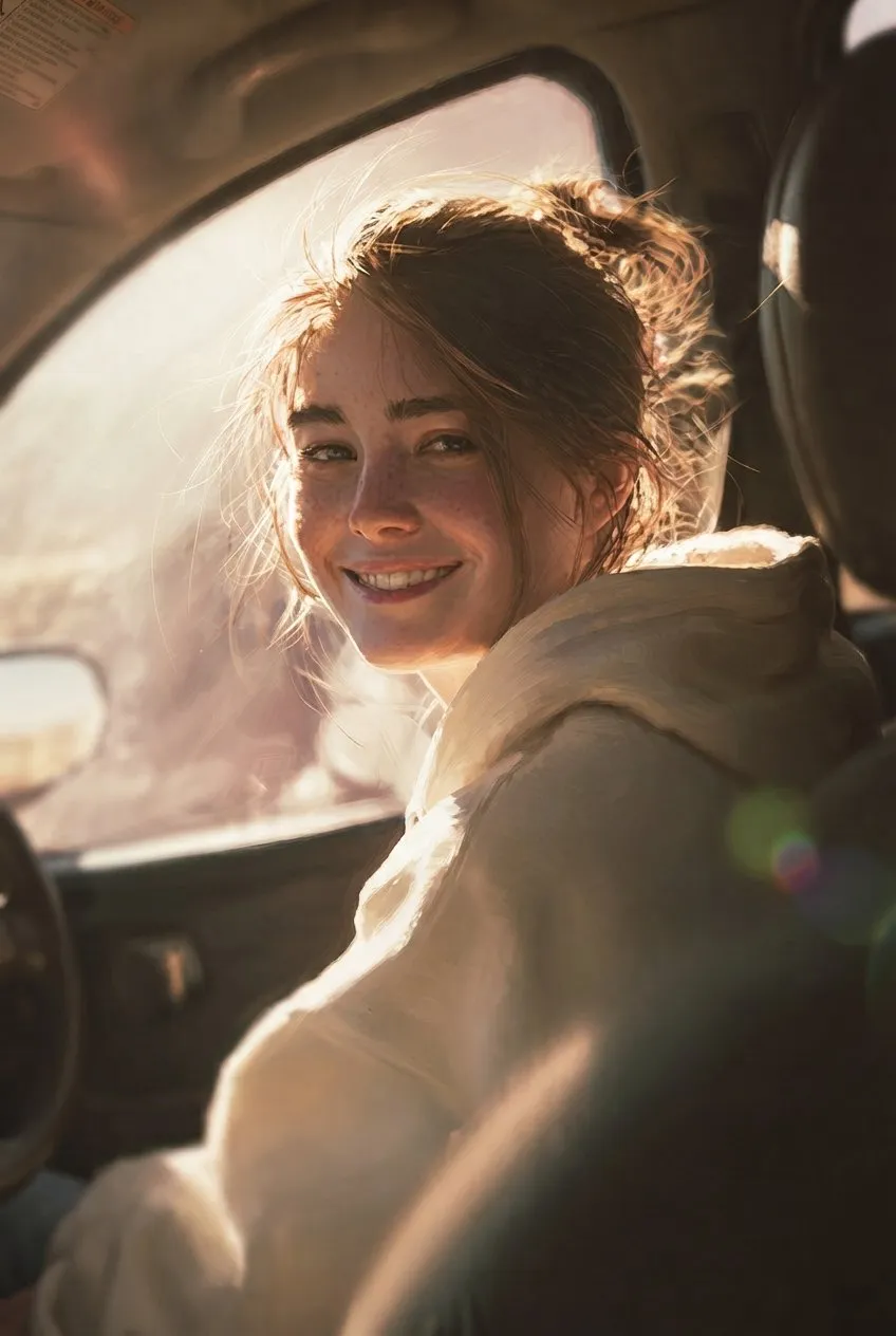 Car Golden Hour Sunlight Smiling