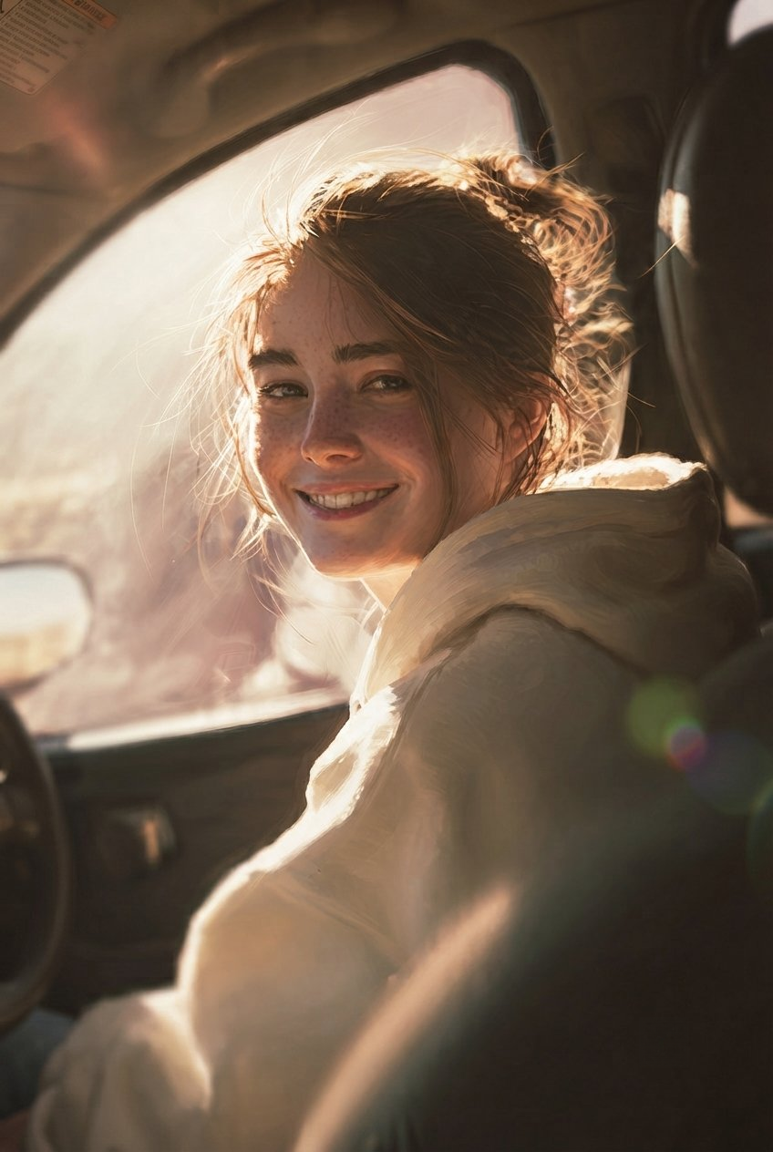 A smiling woman with messy reddish-brown hair in a cozy white hoodie sitting in a car, glowing in warm golden hour sunlight.