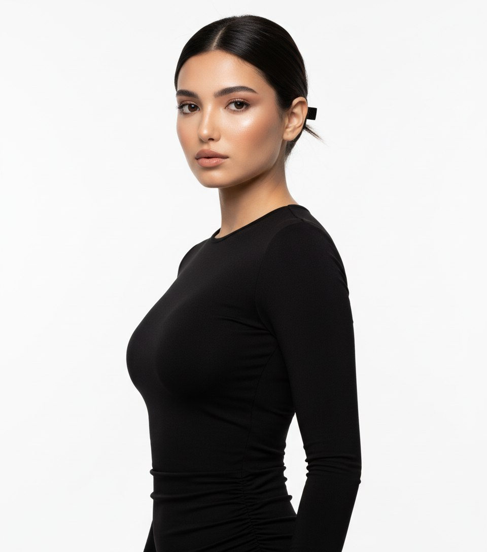 A woman in a form-fitting dress with dramatic lighting in a studio setting, her skin glowing from highlighter.