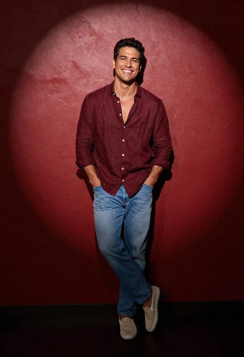 Full-body Studio Portrait Smiling Man With Short Dark Hair Leaning