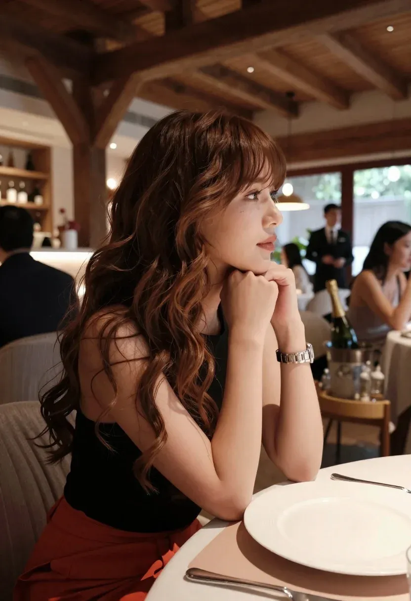 Woman With Long Wavy Brown Hair Sits Profile Dining Table