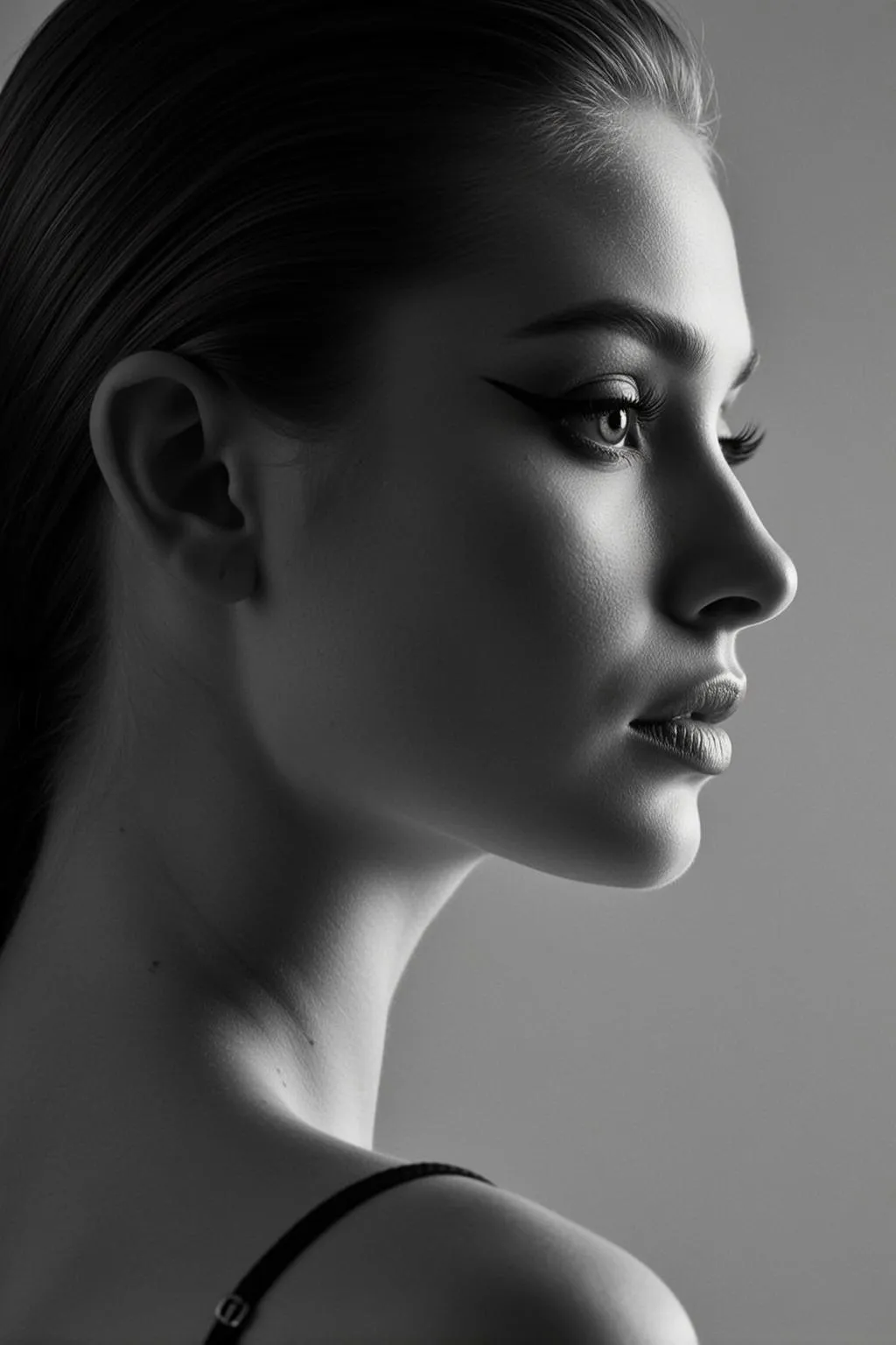 Photorealistic Black And White Medium Close-up Portrait Young Woman Profile