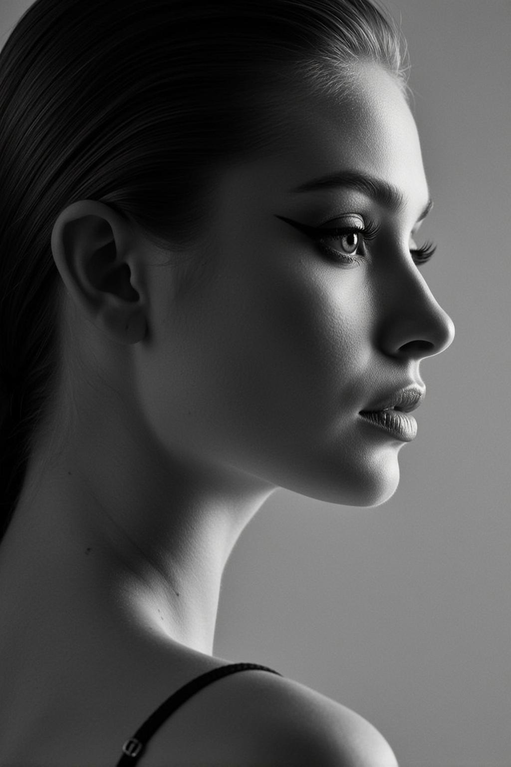Photorealistic Black And White Medium Close-up Portrait Young Woman Profile