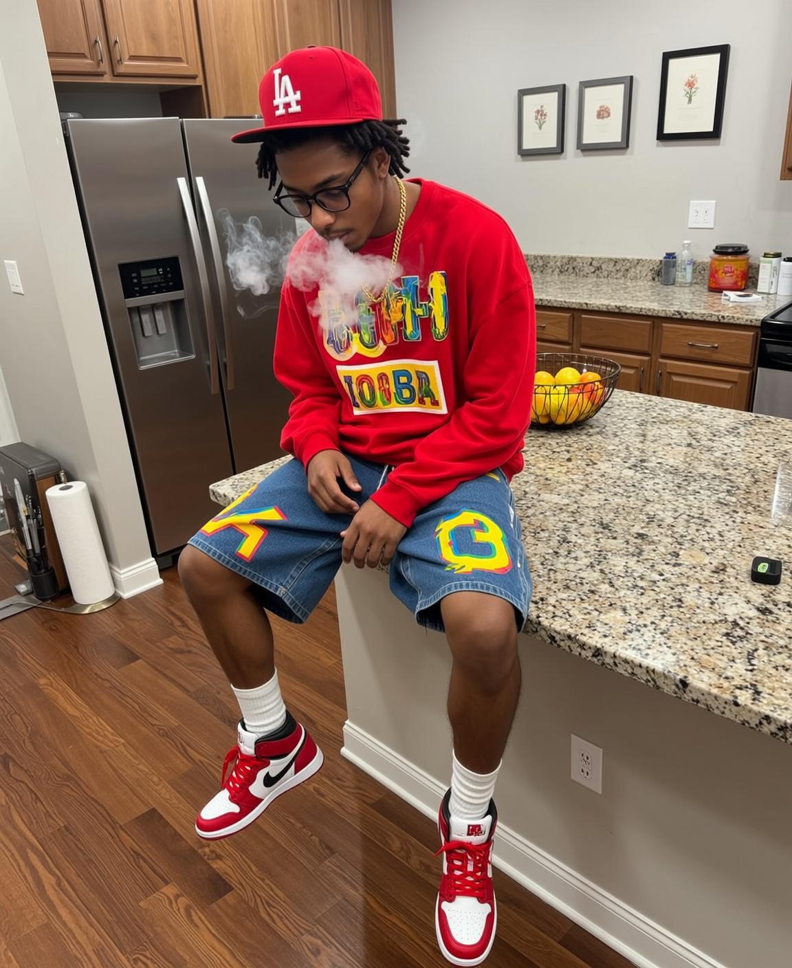 Man Kitchen Counter Red Sweatshirt Smoke