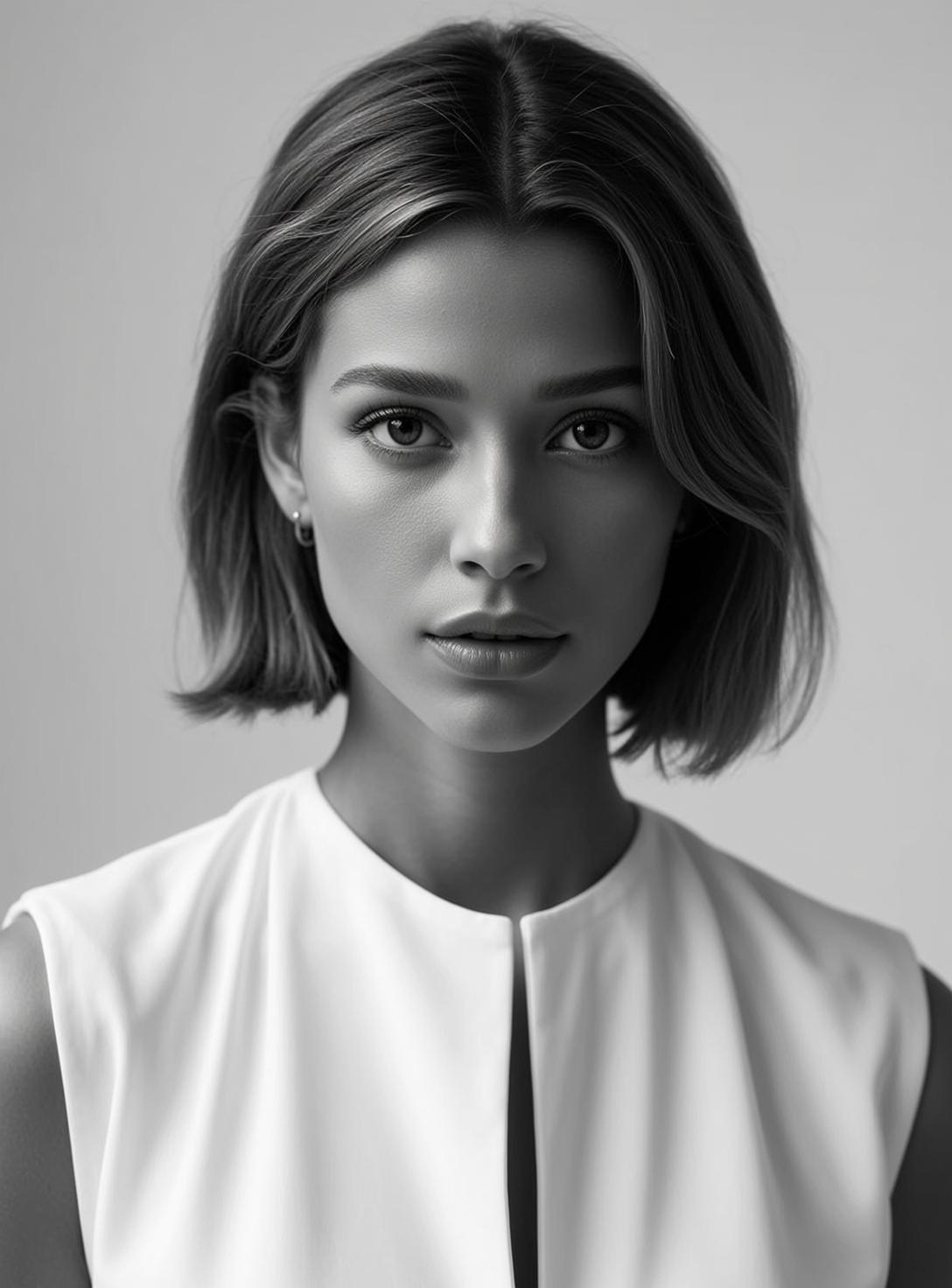 Photorealistic Black And White Medium Close-up Portrait Young Woman With