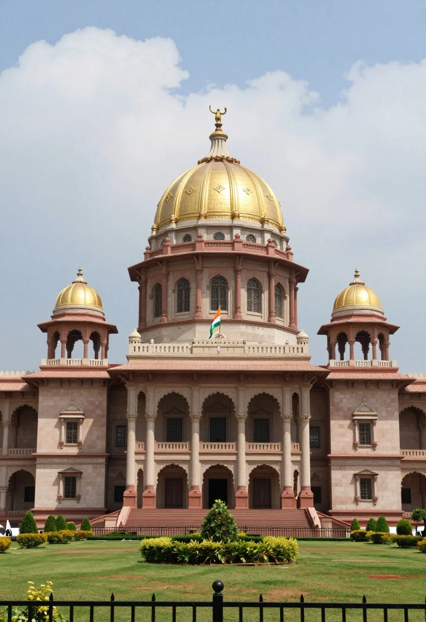 Majestic government building featuring a large golden dome topped with a statue and a fluttering Indian flag.