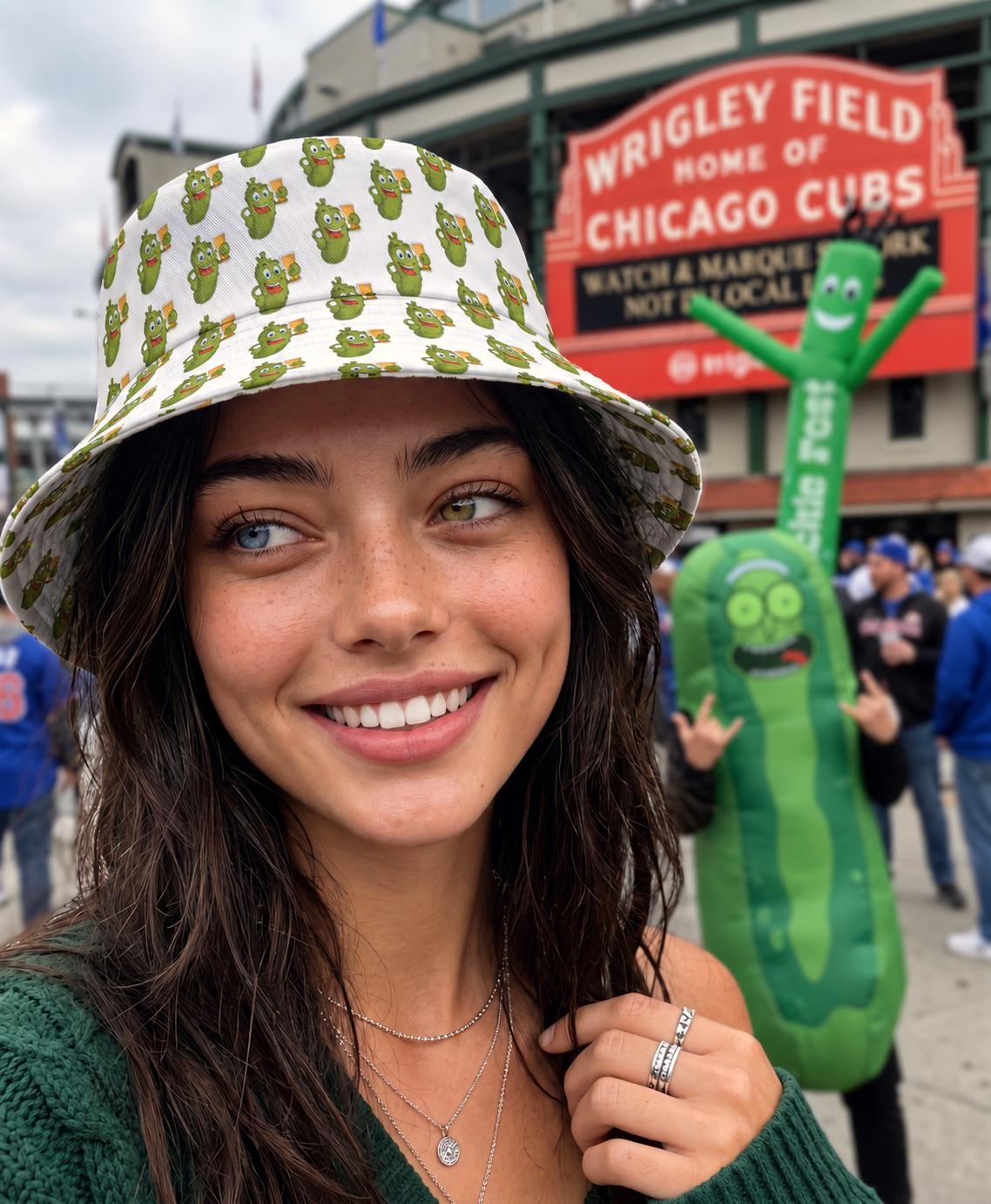White Bucket Hat Patterned Small Cartoon Green In Fingers