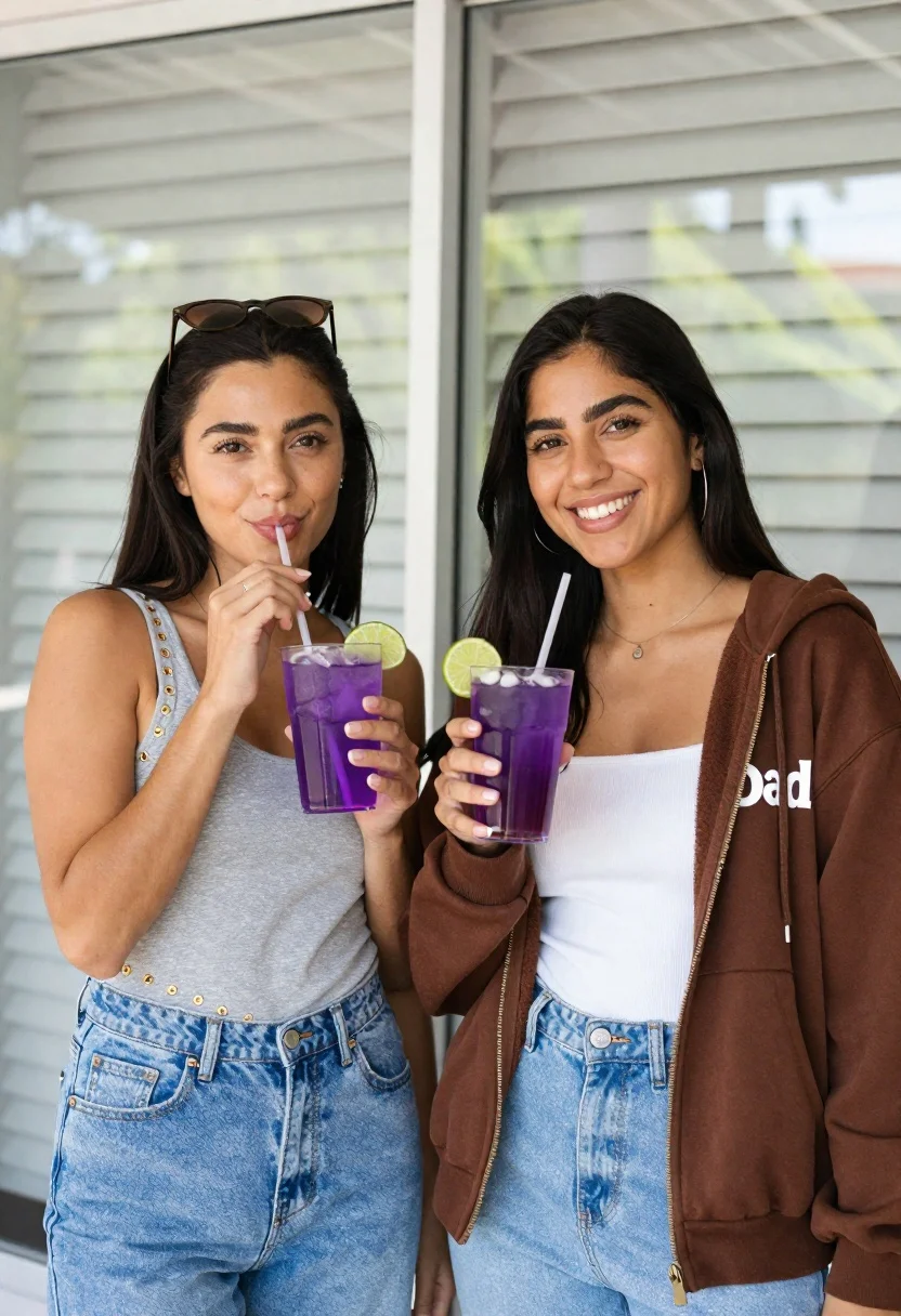 Two Smiling Women Stand Side Side Holding Purple Drinks With reference photo