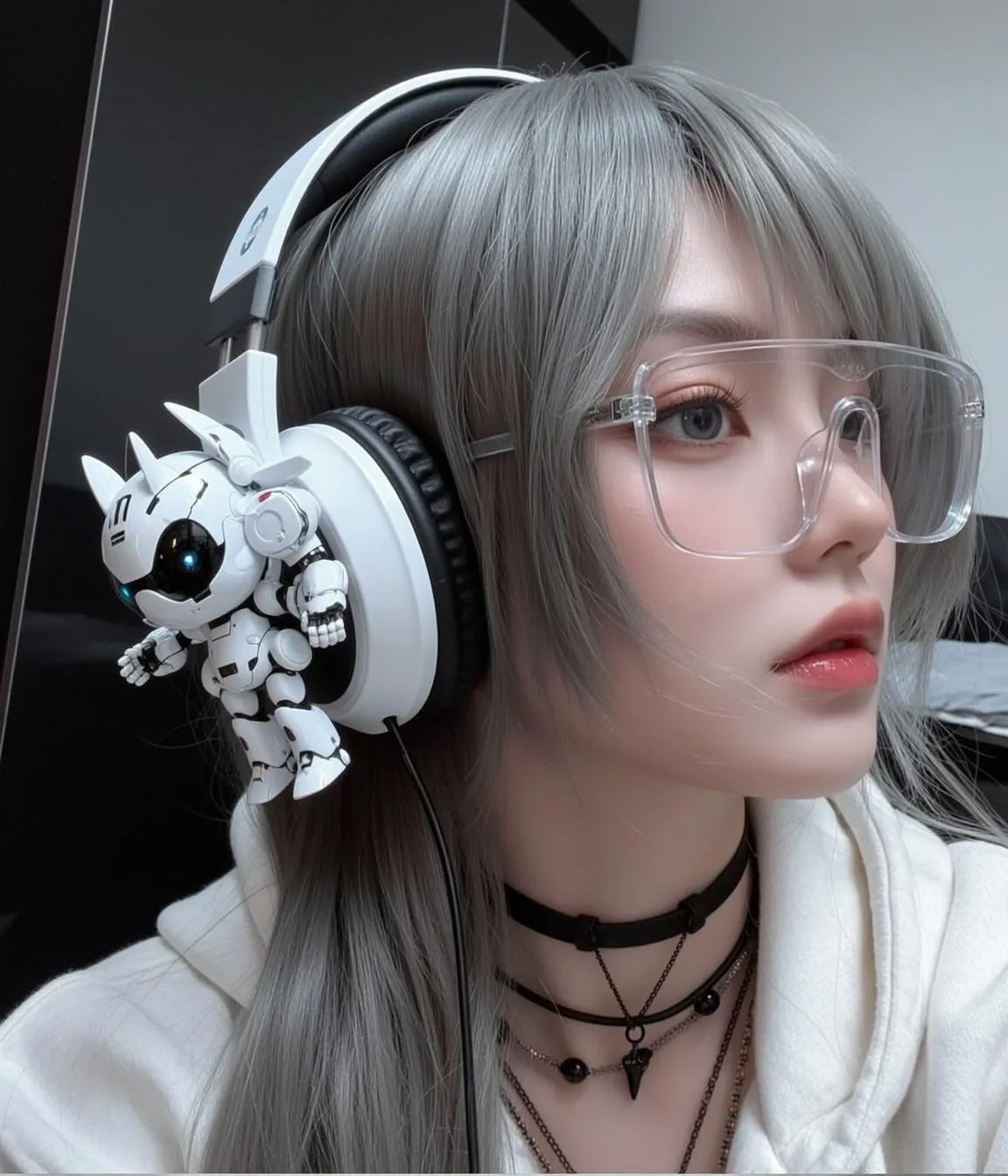Glasses And Necklace With White Hoodie