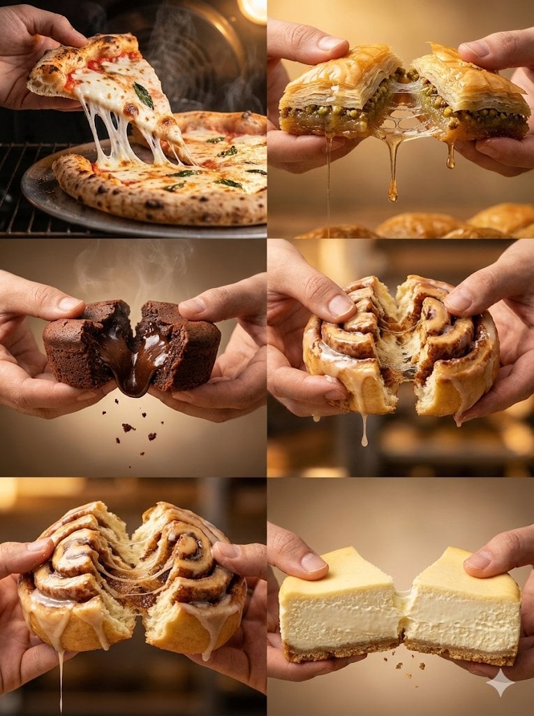 Two hands pulling apart a fresh pizza slice with elastic mozzarella, steam rising and crumbs falling in warm cinematic light.
