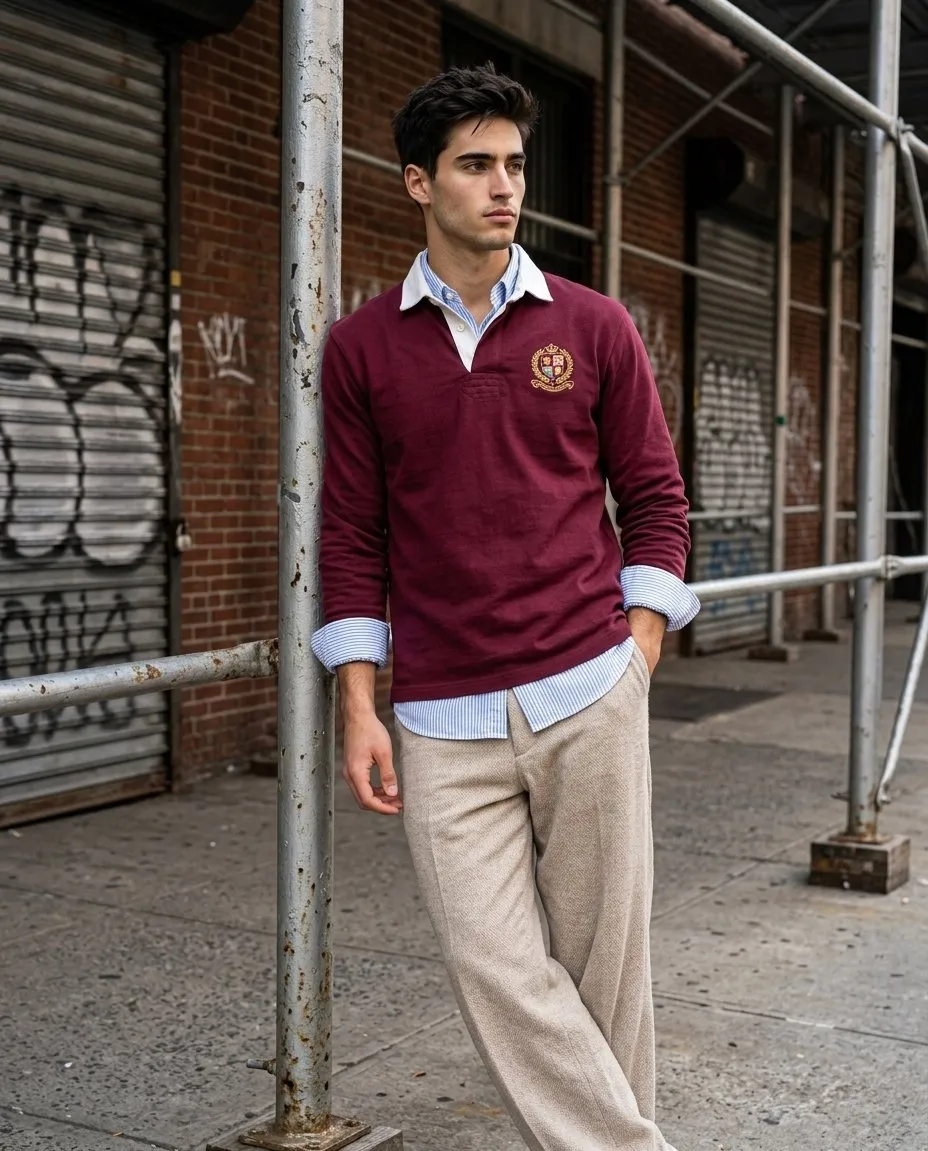 Rugby Shirt Tweed Trousers City Sidewalk Graffiti Wall
