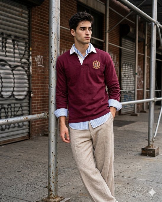 A woman in a maroon rugby shirt and beige tweed trousers leans against a graffiti-covered brick wall.