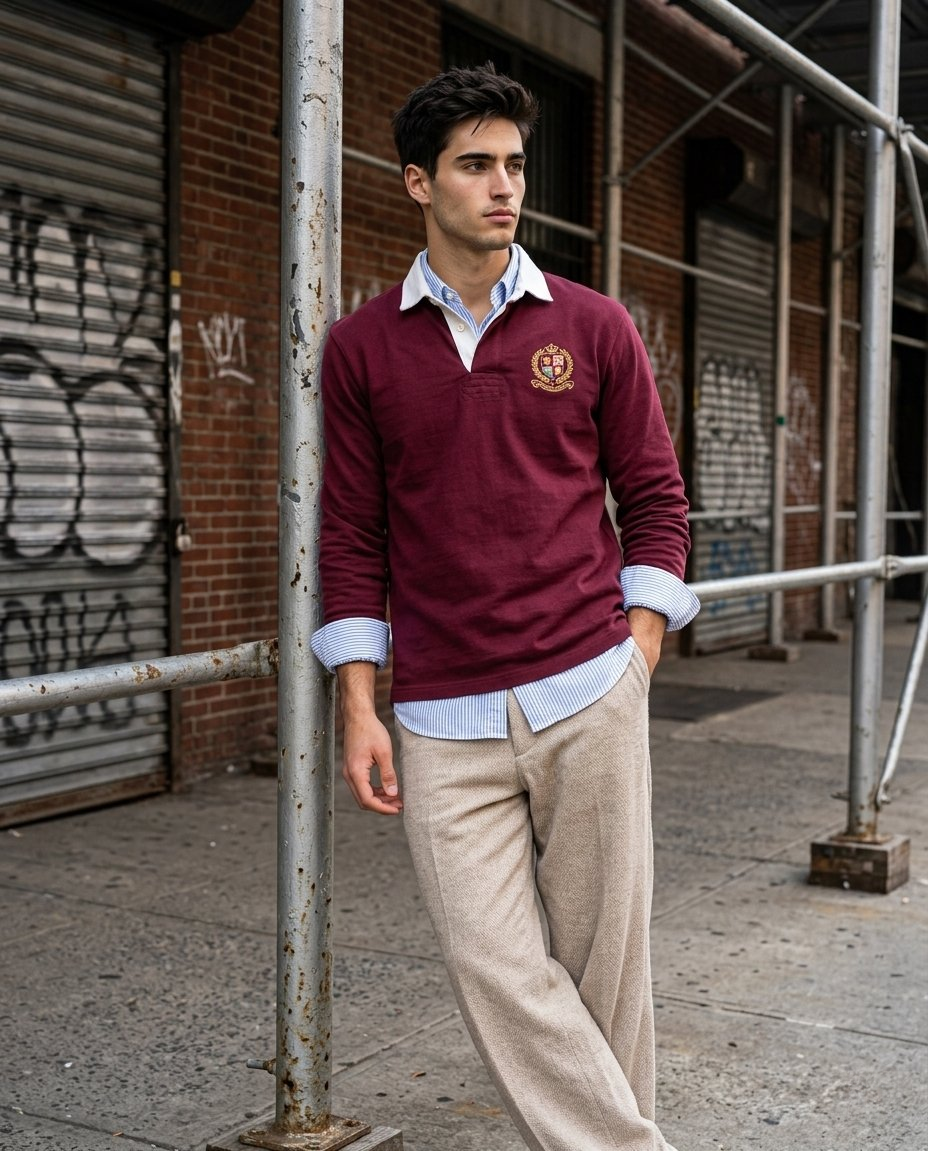 A woman in a maroon rugby shirt and beige tweed trousers leans against a graffiti-covered brick wall.