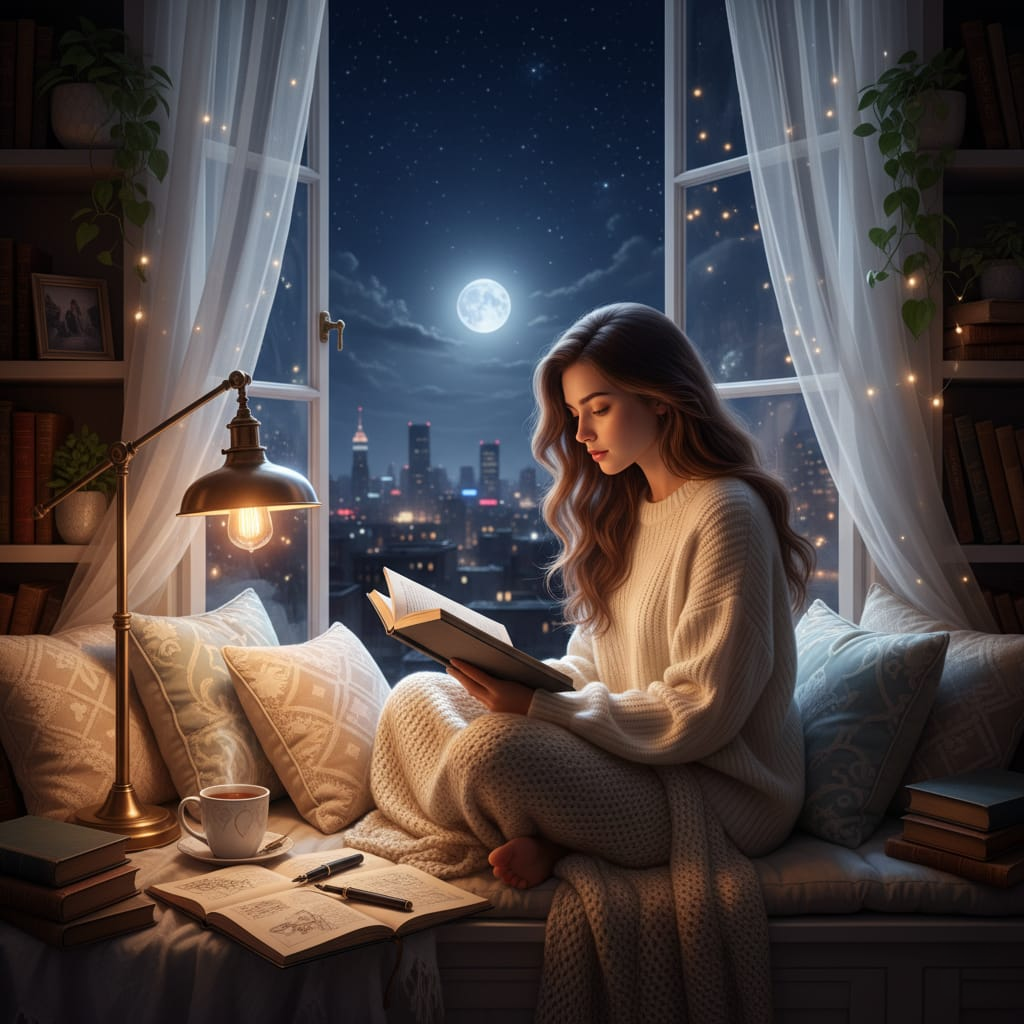 A woman in a cozy oversized sweater sits by a window, absorbed in a book, illuminated by a vintage desk lamp and the glow of the full moon.