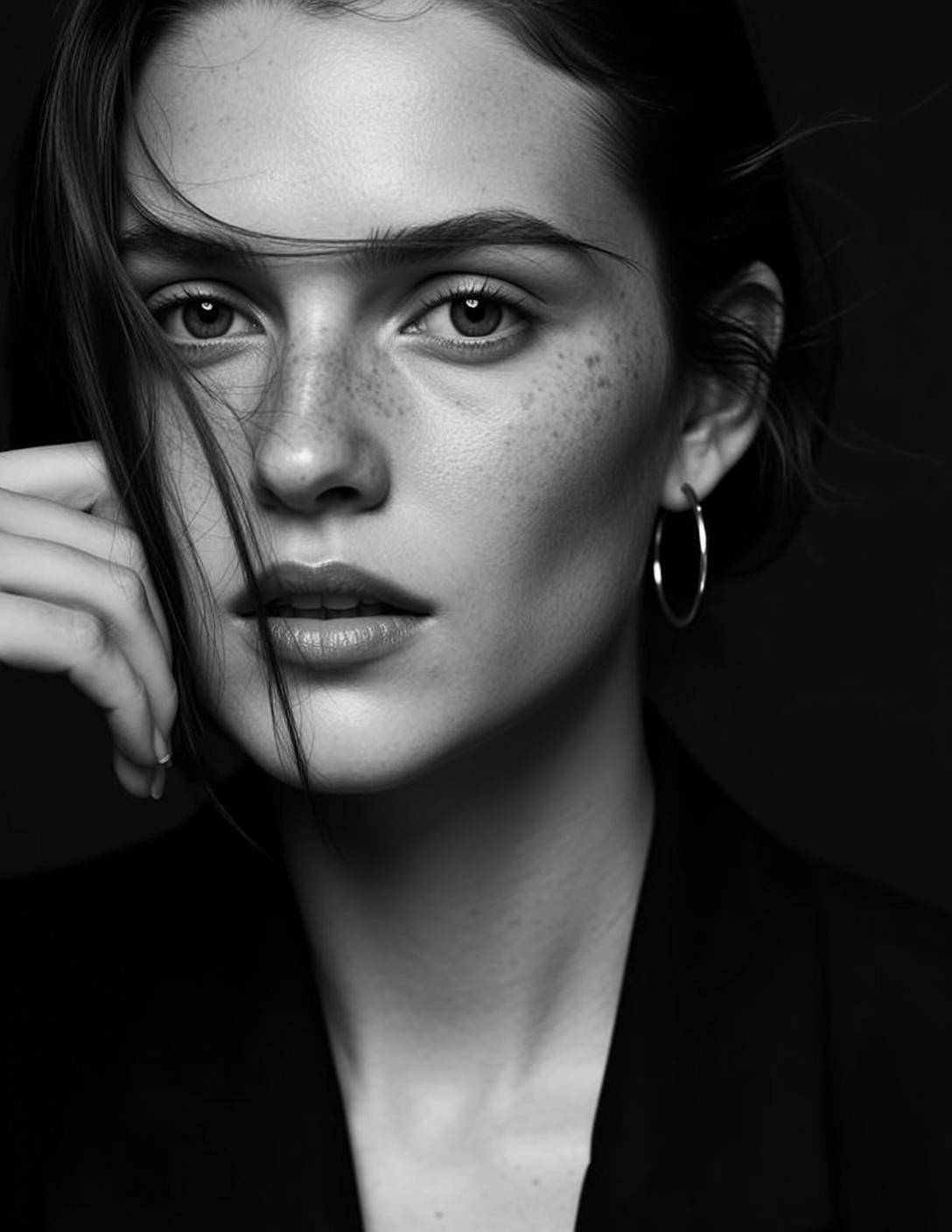 Photorealistic Medium Close-up Portrait Young Woman With Natural Freckled Complexion