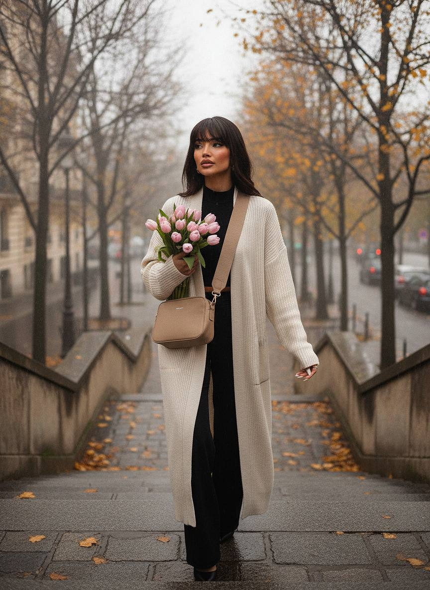 A person walking down an urban street, holding a bouquet of pink tulips, wearing a cardigan and beige bag with golden leaves around.