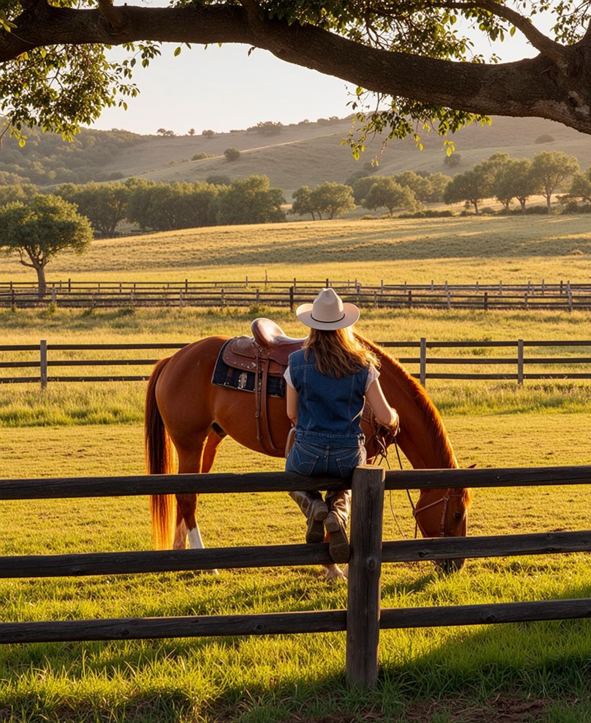 Cowgirl Seated Rustic Wooden Fence Facing Away