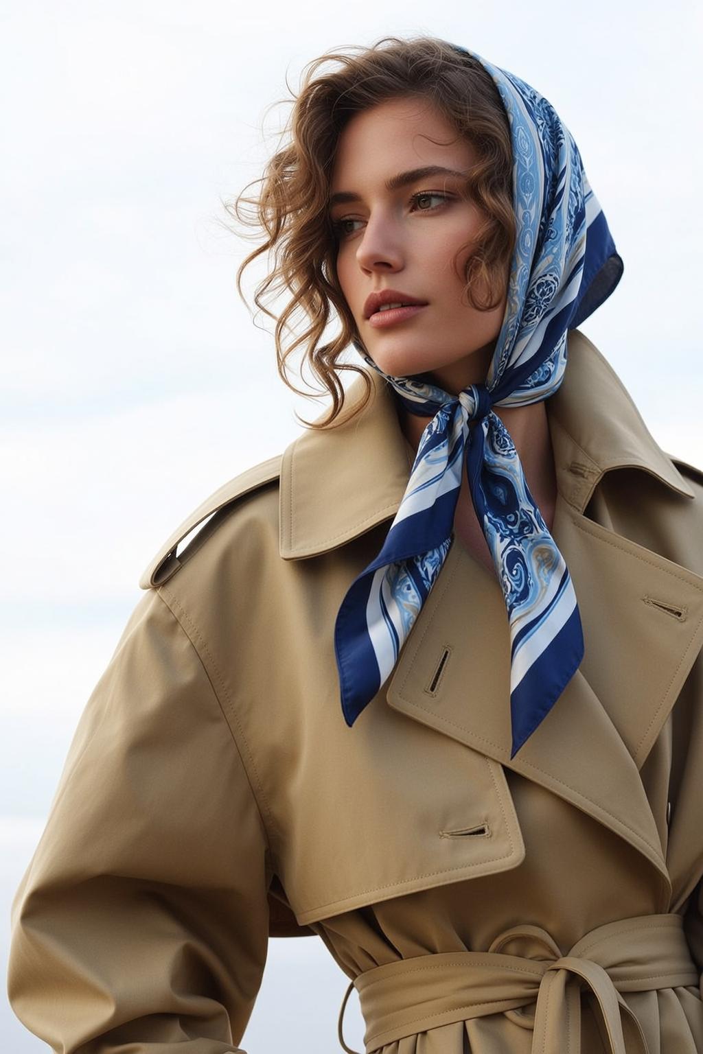 Curly Brown Hair Tan Trench Coat Silk Scarf Outdoors