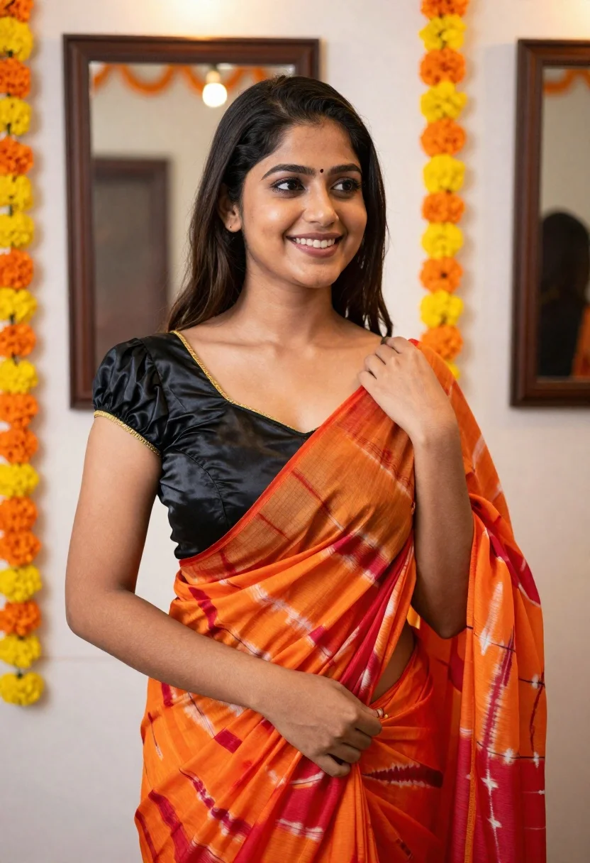 Smiling Young Woman Posing Festive Indoor Setting Subject Young Woman reference photo