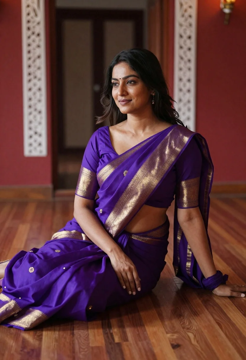 Woman Sits Gracefully Polished Wooden Floor Elegant Indoor Setting Subject reference photo