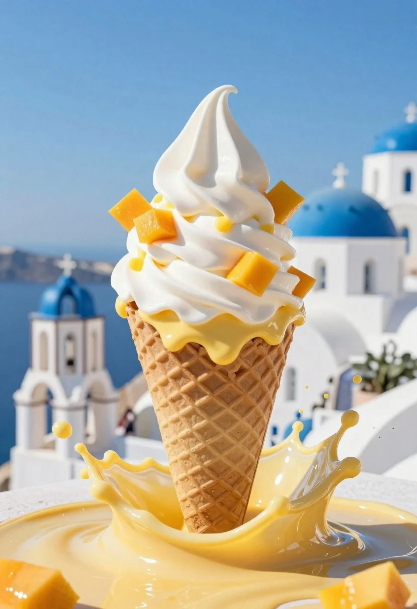 Giant Waffle Cone Ice Cream Swirl Topped With Yellow Sauce