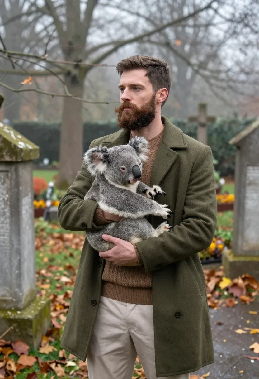 Man With Beard Stands Misty Garden Holding Koala Subject Bearded