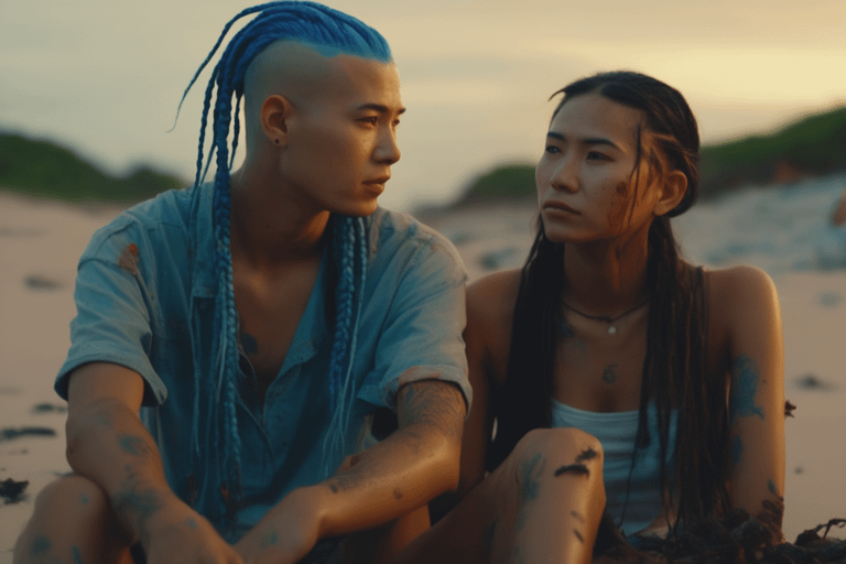 Two People On Sandy Beach At Dusk