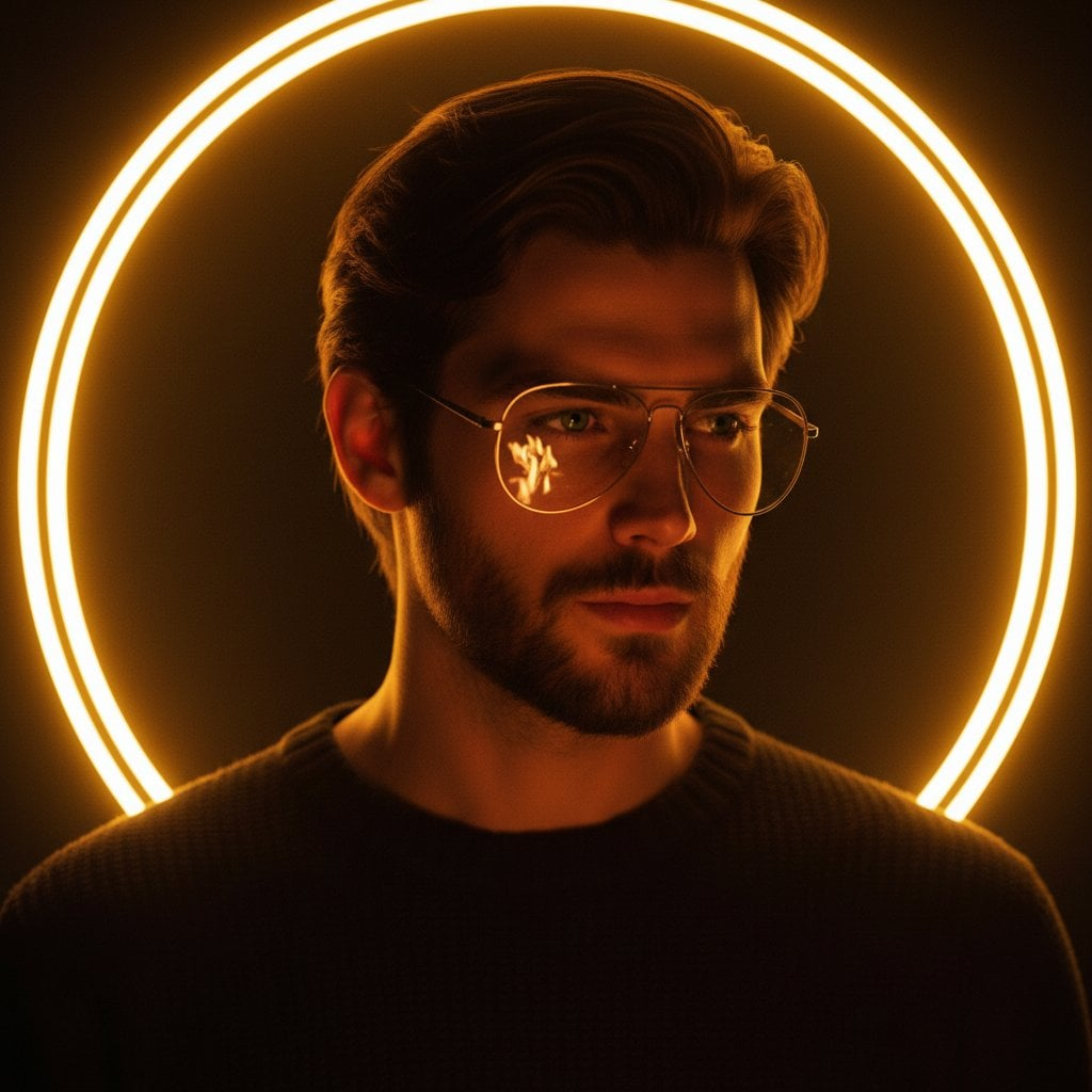 Cinematic portrait of a man in aviator glasses illuminated by a golden halo against a dark minimal background.