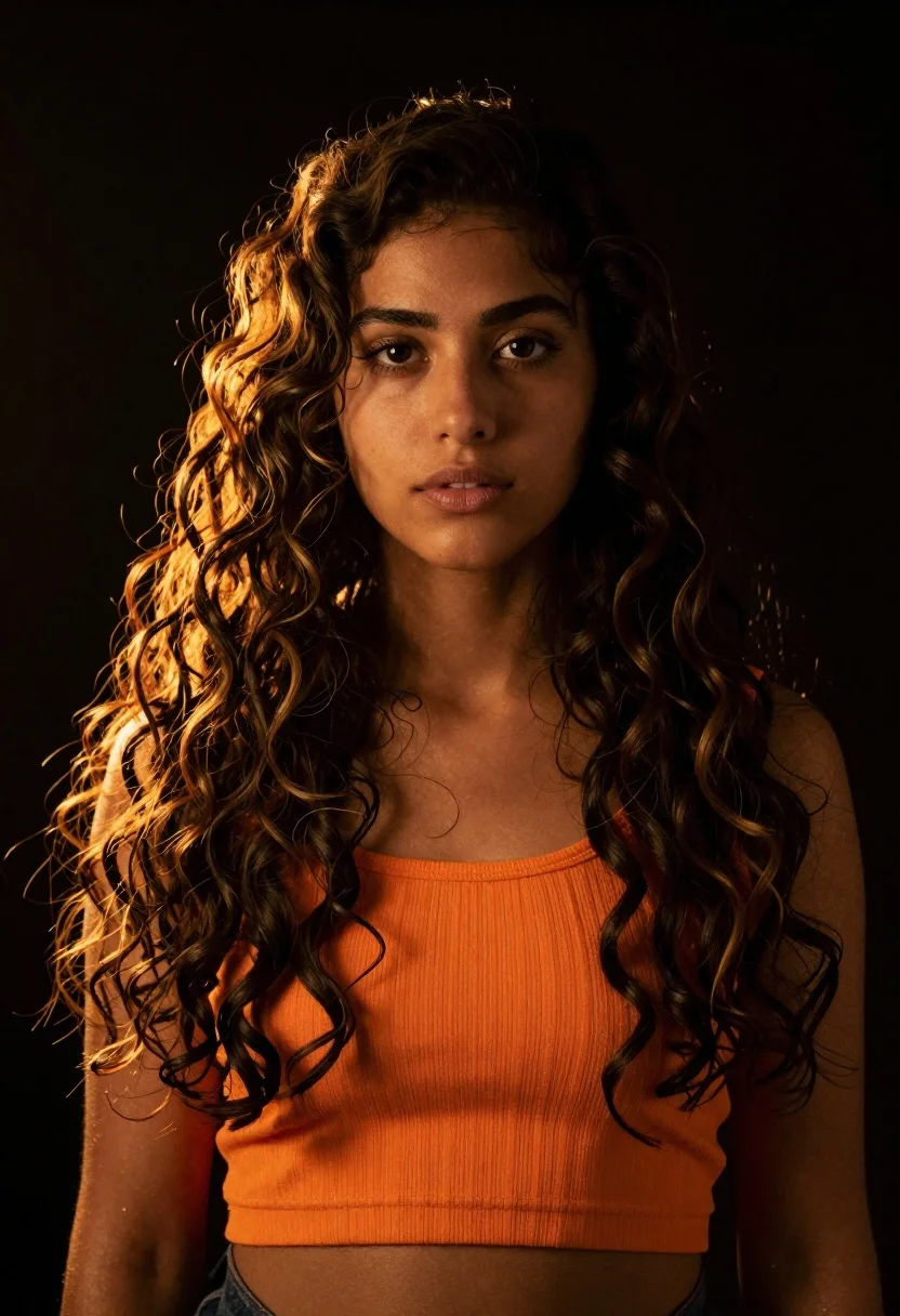 Cinematic Medium Shot Young Woman With Long Dark Curly Hair reference photo