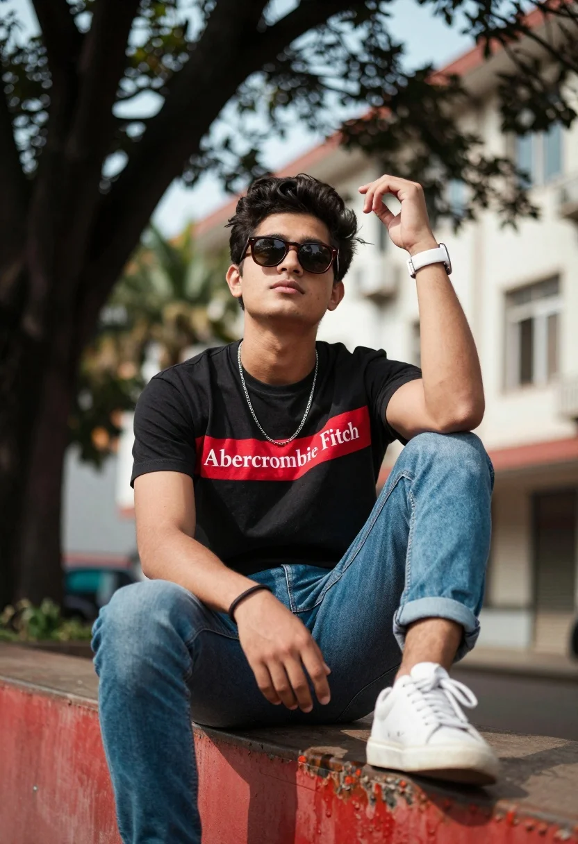 Young Man Sits Casually Red Metal Ledge Outdoor Urban Setting